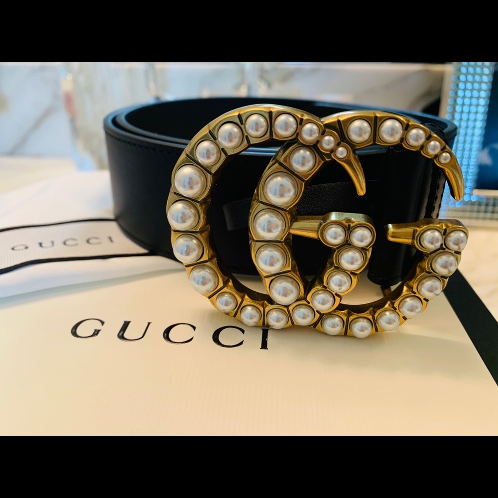Authentic Gucci Belt Black Leather Gold Pearls